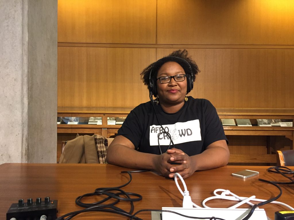 Sherry Antoine during a poscast episode recoring for WikiJabber at WikiConference North America 2018 at Ohio State University in Columbus, Ohio. Photo: Sebastian Wallroth. License: CC-BY 4.0
