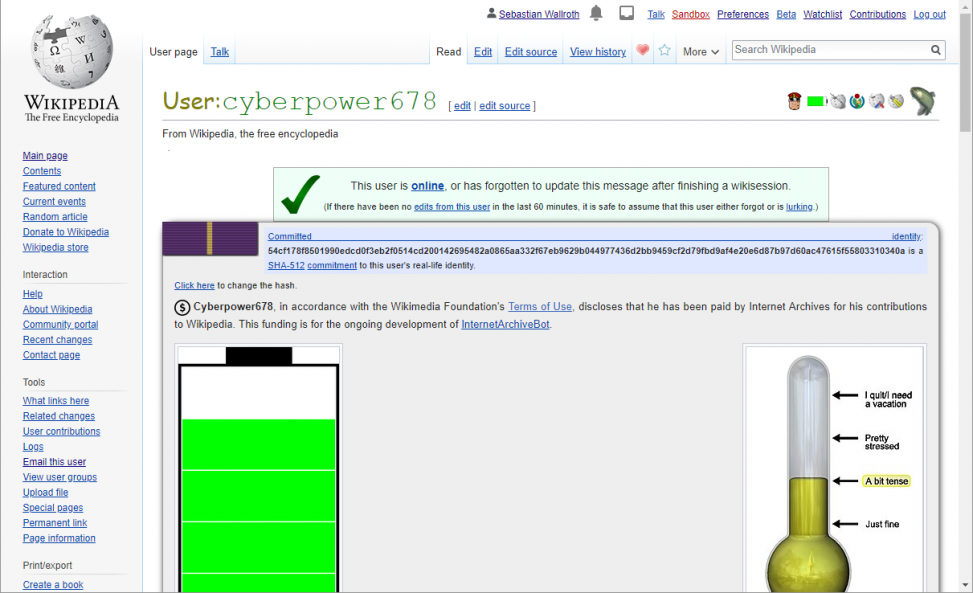 Screenshot of the user page of Cyberpower678 at English language Wikipedia. Screenshot: Sebastian Wallroth. License: CC-BY 4.0 This file is (or includes) one of the official logos or designs used by the Wikimedia Foundation or by one of its projects. Use of the Wikimedia logos and trademarks is subject to the Wikimedia trademark policy and visual identity guidelines, and may require permission.
